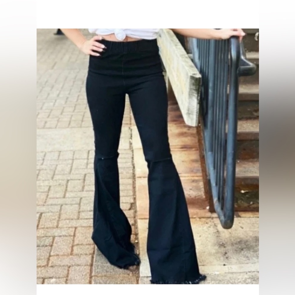 Newbury Kustom | Boss Up Faded Black Denim Frayed Flare Bell Bottoms Y2K Jeans